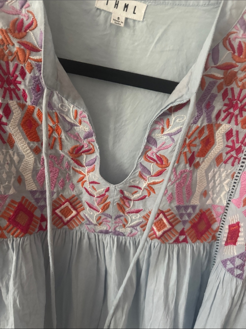 THML Light Blue Embroidered Boho Top with Pink & Orange Accents - Picture 4 of 7